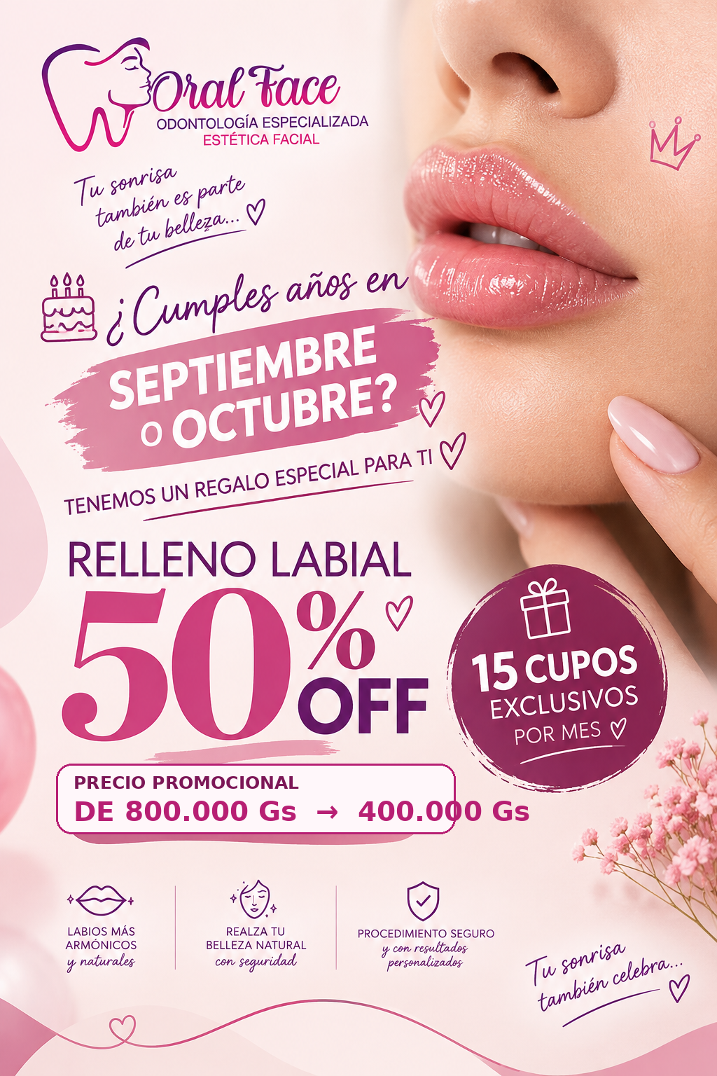 Flyer promocional Oral Face: relleno labial de 800.000 Gs a 400.000 Gs